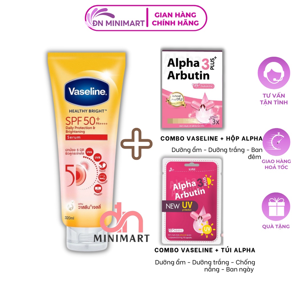 Combo Dưỡng thể Vaseline 50X 320ml + Bột Kích Trắng Alpha Arbutin Thái Lan
