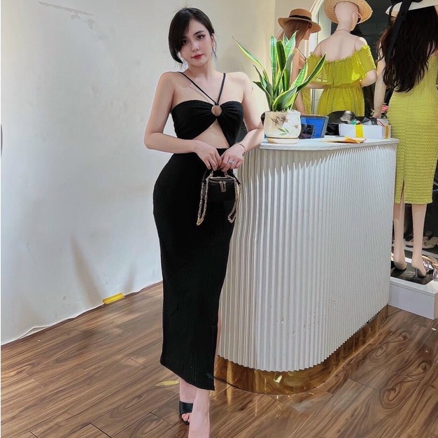 Đầm kiểu ôm body 2 dây chéo ngực khoen sexy dáng dài có mút cực xinh , chất thun gân mềm mịn ly alohashop91