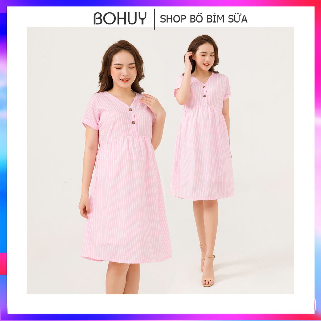Váy bầu thiết kế babydoll MOLYS M2451 mở cúc giữa vải thô đũi hồng phấn kẻ trắng tôn da, nhiều size mặc hết thai kỳ bầu