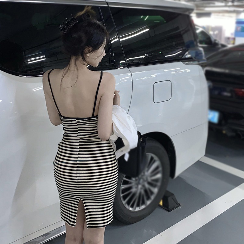 Đầm Ôm Hở Lưng Họa Tiết Kẻ Sọc Phong Cách Hàn Quốc Quyến Rũ Cho Nữ