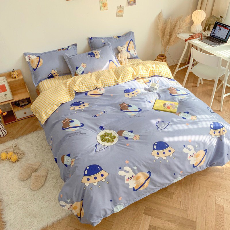 Bộ chăn ga gổi cotton poly - Mẫu đĩa bay xanh,