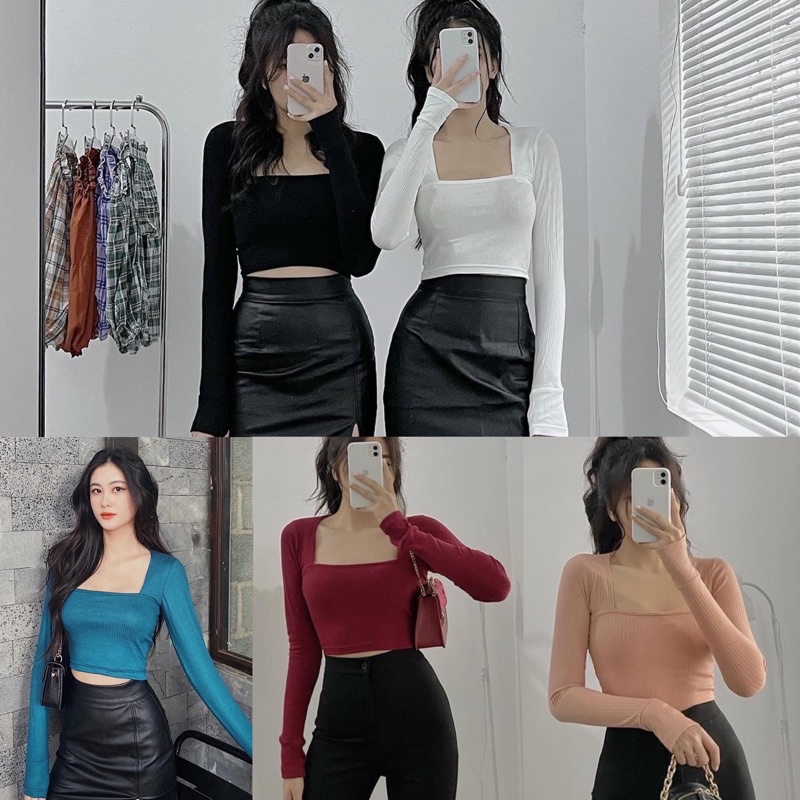 Áo Croptop Cổ Vuông Xỏ Ngón Thun Gân Xịn Ko Xù Lông Hh.vintage