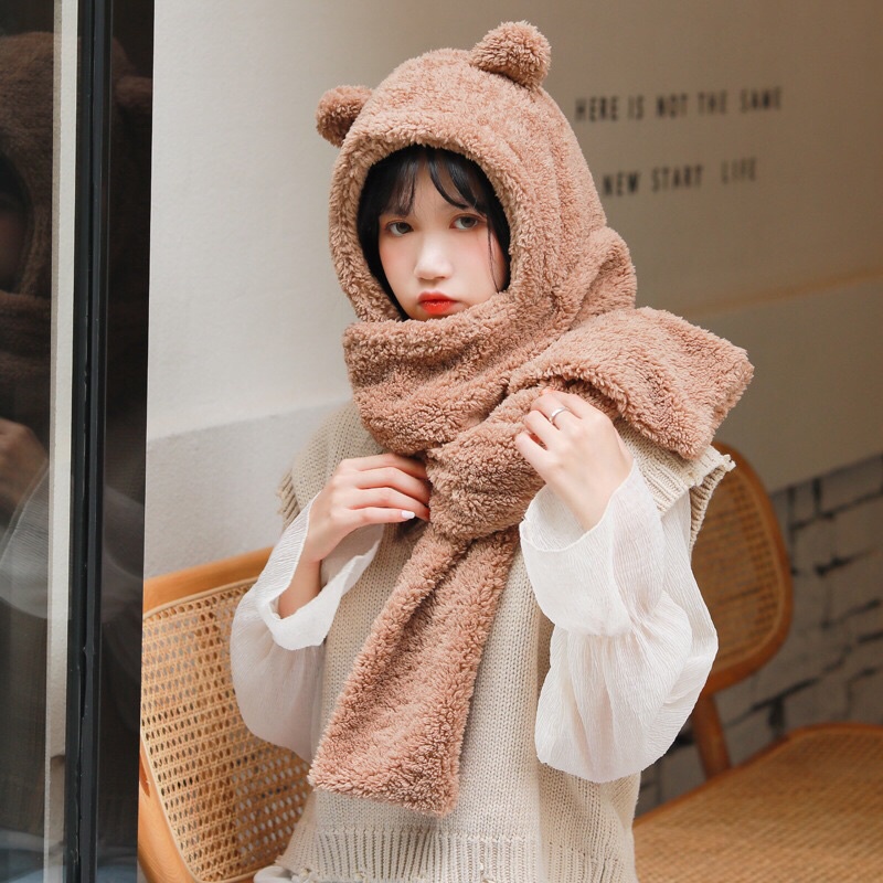 Mũ len lông cừu tai gau liền khăn 2 in 1  giữ ấm đầu và cổ cực cute