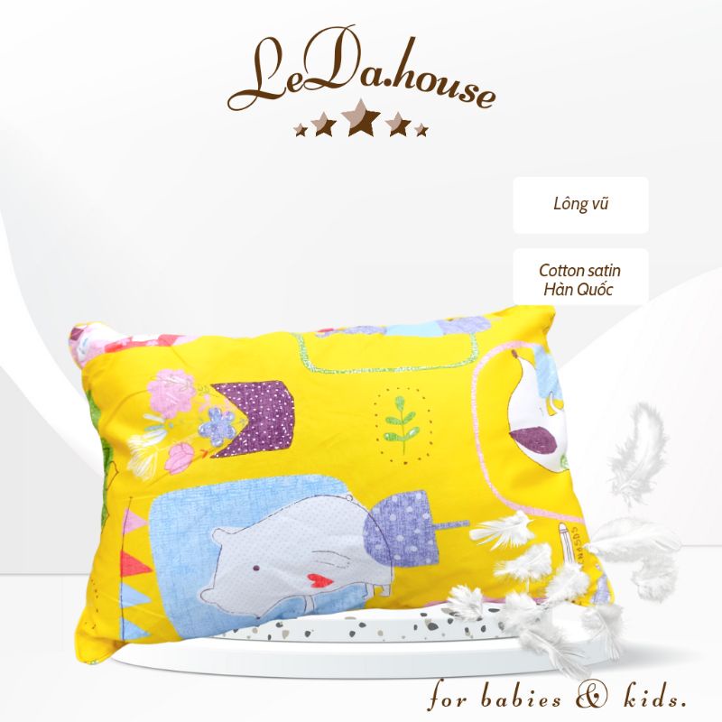 Gối trẻ em cao cấp LEDA, Gối cho bé đi mẫu giáo 30*45 gòn lông vũ cotton satin Hàn Quốc