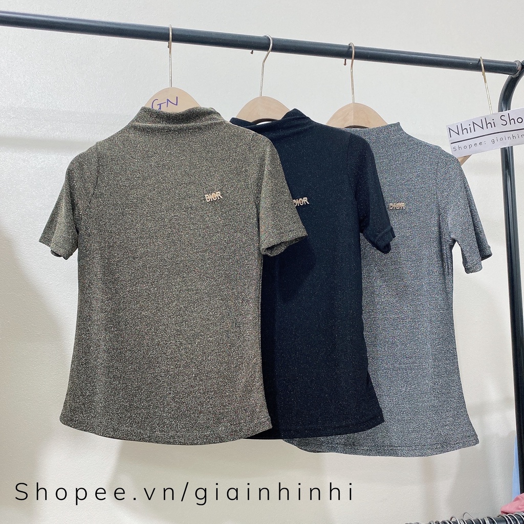 Áo nhũ trơn cổ cao 3P dáng ôm ngắn tay, Áo kiểu cổ leo tag cài rời AN5210 - NhiNhi Shop