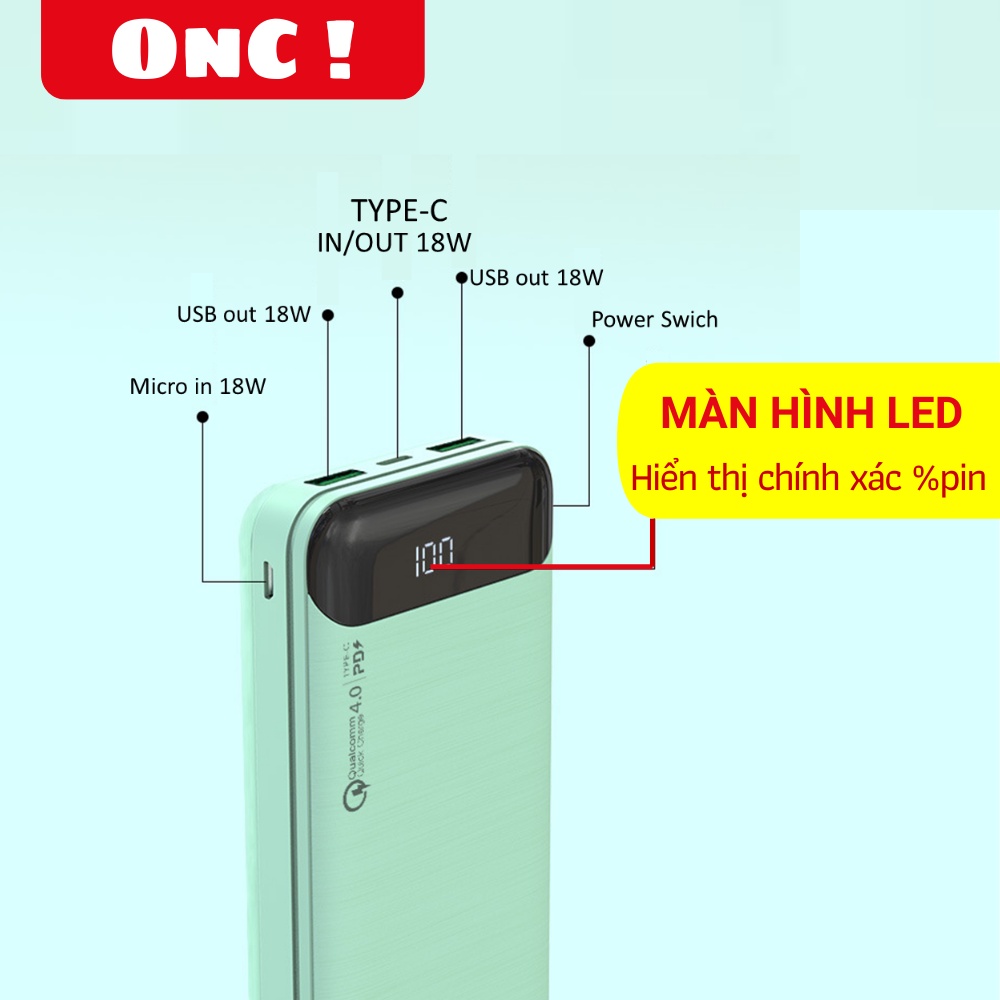 Sạc dự phòng 20000mAh, Sạc nhanh gấp 3 lần sạc thường PD - QC 3.0 18W  Hiển thị %Pin
