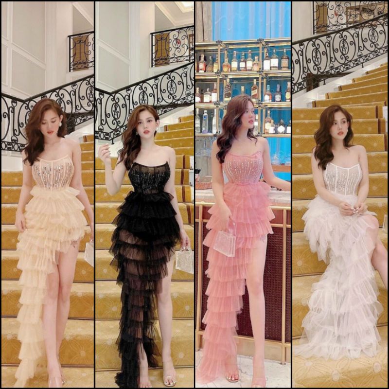 Đầm váy dự tiệc, dạ hội, cúp ngực lệch tà xếp tầng form maxi kết hạt sắc xảo sang trọng