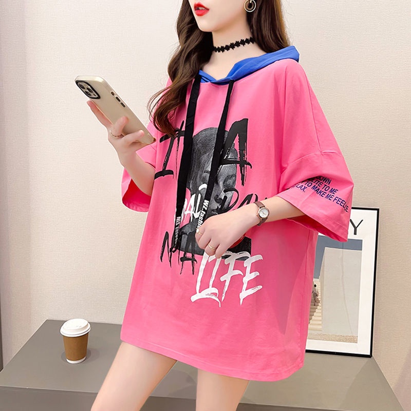 Áo Hoodie Cotton Ngắn Tay Dáng Rộng Cỡ Lớn 6.5 Dành Cho Nữ Sinh