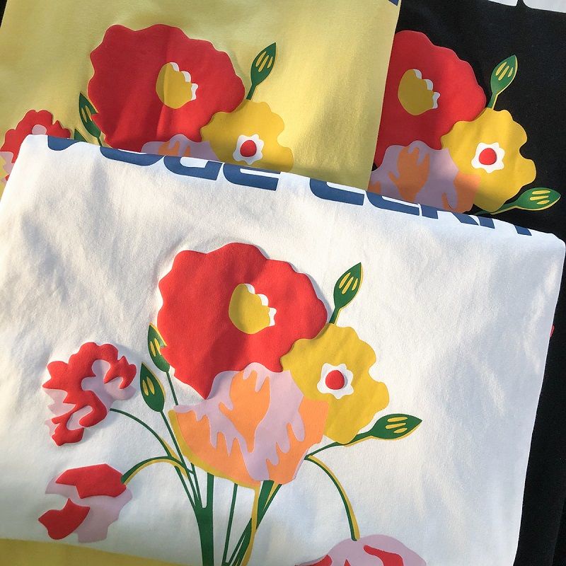 Áo Thun Cotton Tay Ngắn In Hình Hoa Phong Cách Đường Phố Âu Mỹ Cho Cặp Đôi