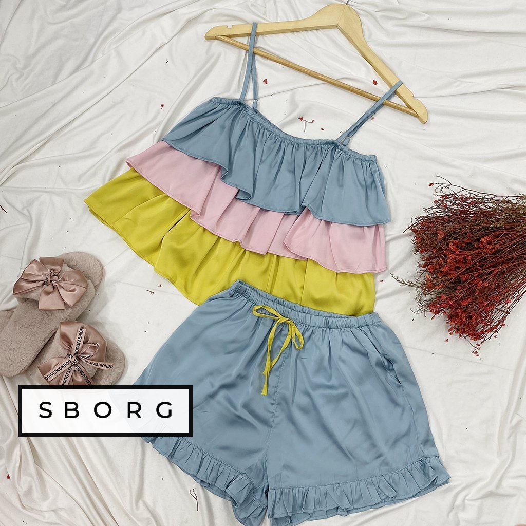 Bộ 2 dây mặc nhà SBORG bộ ngủ lụa latin áo 3 tầng mix màu dễ thương phối quần đùi viền bèo cute freesize dưới 60kg