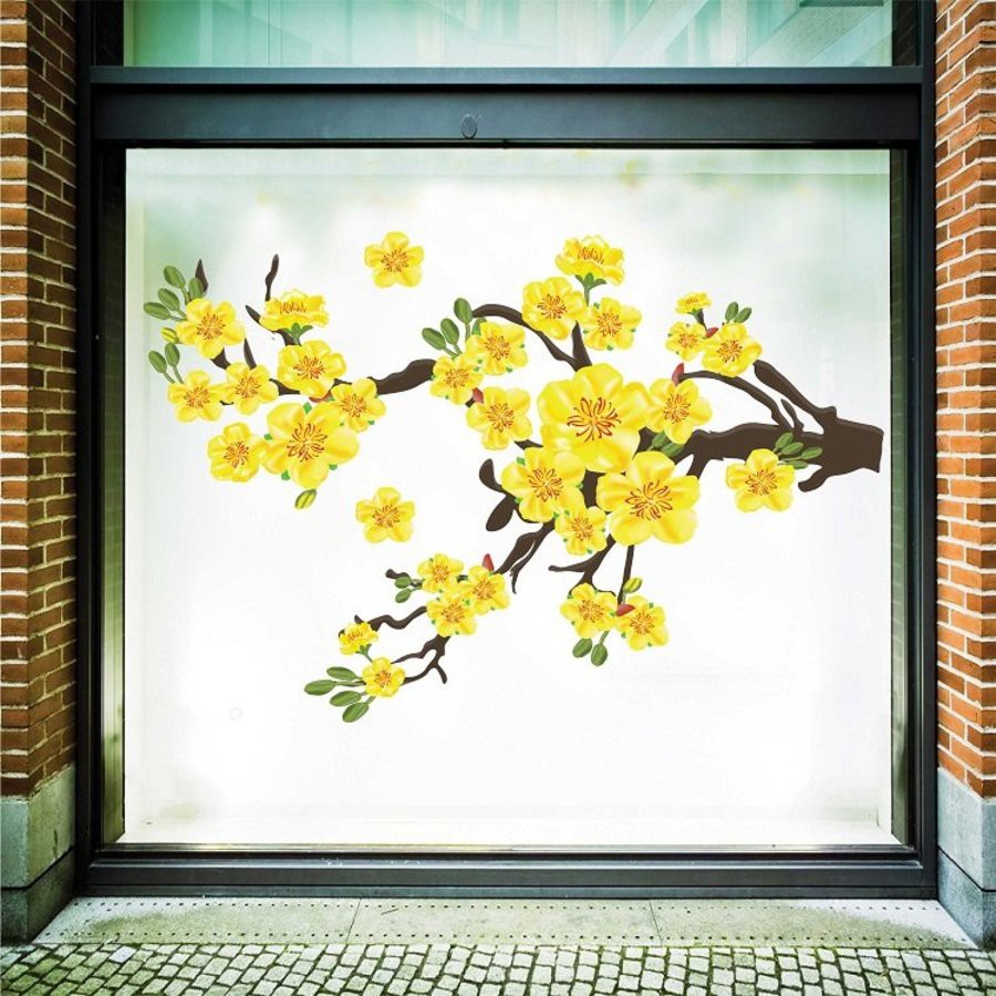Decal hoa mai dán cửa kính trang trí tết 2022-Decal tết có keo sẵn trang trí văn phòng cửa hàng tết Nhâm Dần có keo sẵn