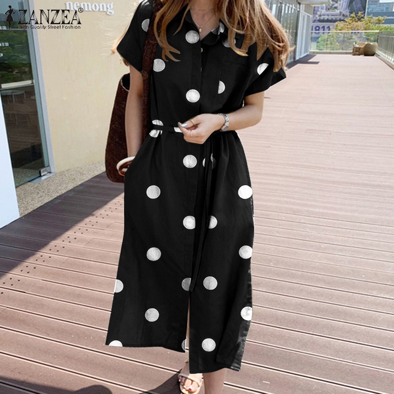 Đầm maxi ZANZEA tay ngắn dáng rộng họa tiết chấm bi phong cách vintage thời trang cho nữ