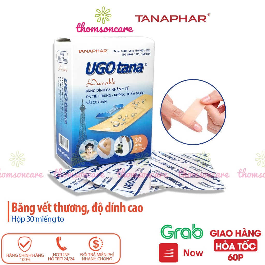 Hộp Băng dính cá nhân y tế UGOTANA miếng to 38x72mm Hộp 30 miêng Không thấm nước, băng vết thương đứt tay