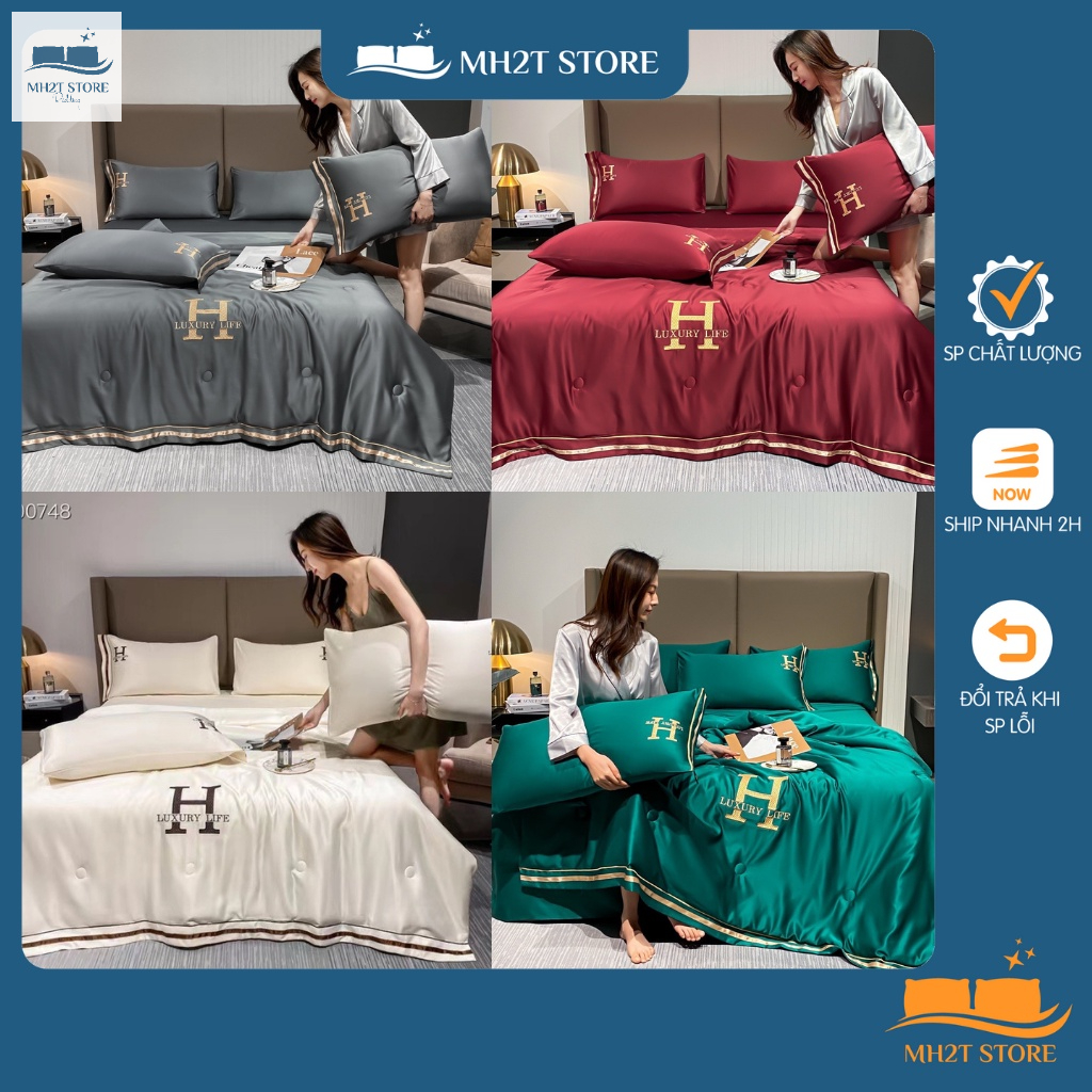Bộ Chăn Ga Gối 4 Món Phi Lụa Thêu Chữ H Luxury Life Set 4 Món Chăn Ga Gối Lụa Họa Tiết Trơn MH2T STORE
