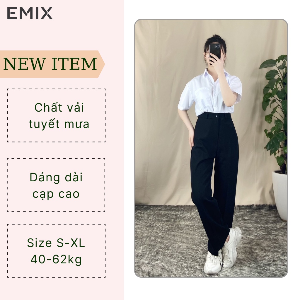 Quần tây nữ công sở ống suông EMIX (màu đen), khóa giữa, dáng dài 97cm, cạp cao, vải tuyết mưa dày dặn, mềm mại 0995