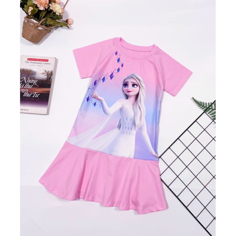 Váy Đầm thun công chúa Elsa cho Bé Gái Cao Cấp Mềm Mát siêu xinh size 3-10 HT