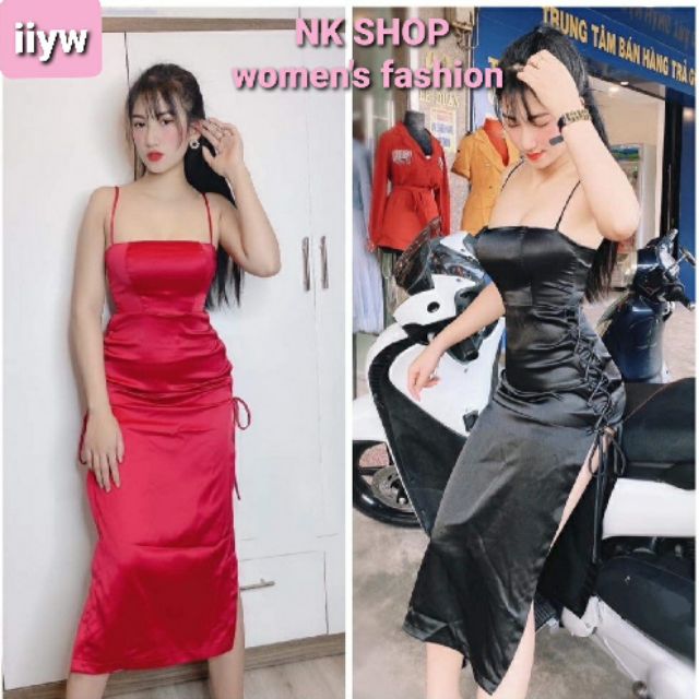 Đầm body xẻ tà đan dây hông sexy chất lụa cao cấp