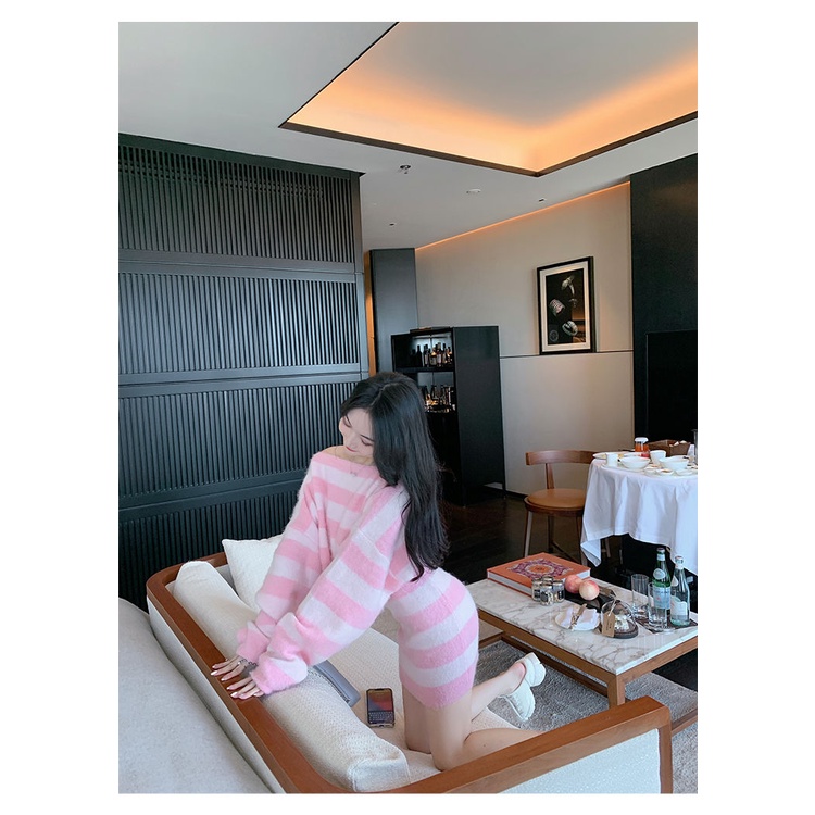 Bộ Áo Sweater Không Tay Dáng Rộng Kẻ Sọc Phối Chân Váy Eo Cao Thời Trang Mùa Thu Cho Nữ