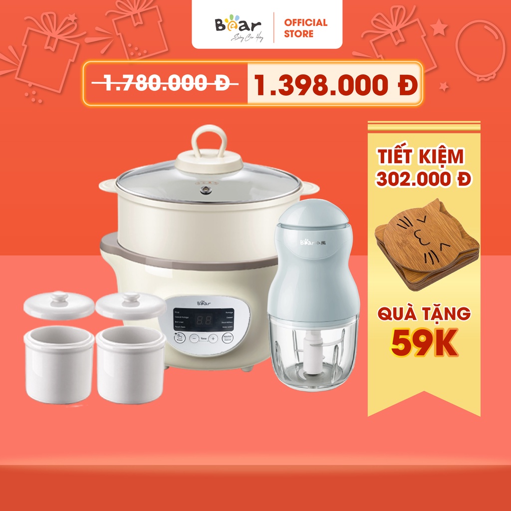 Combo Nồi Nấu Chậm 1,6L Bear SUBE002 + Máy Xay Ăn Dặm 0,3L Bear B03V2 nấu cháo, chưng yến tiện dụng