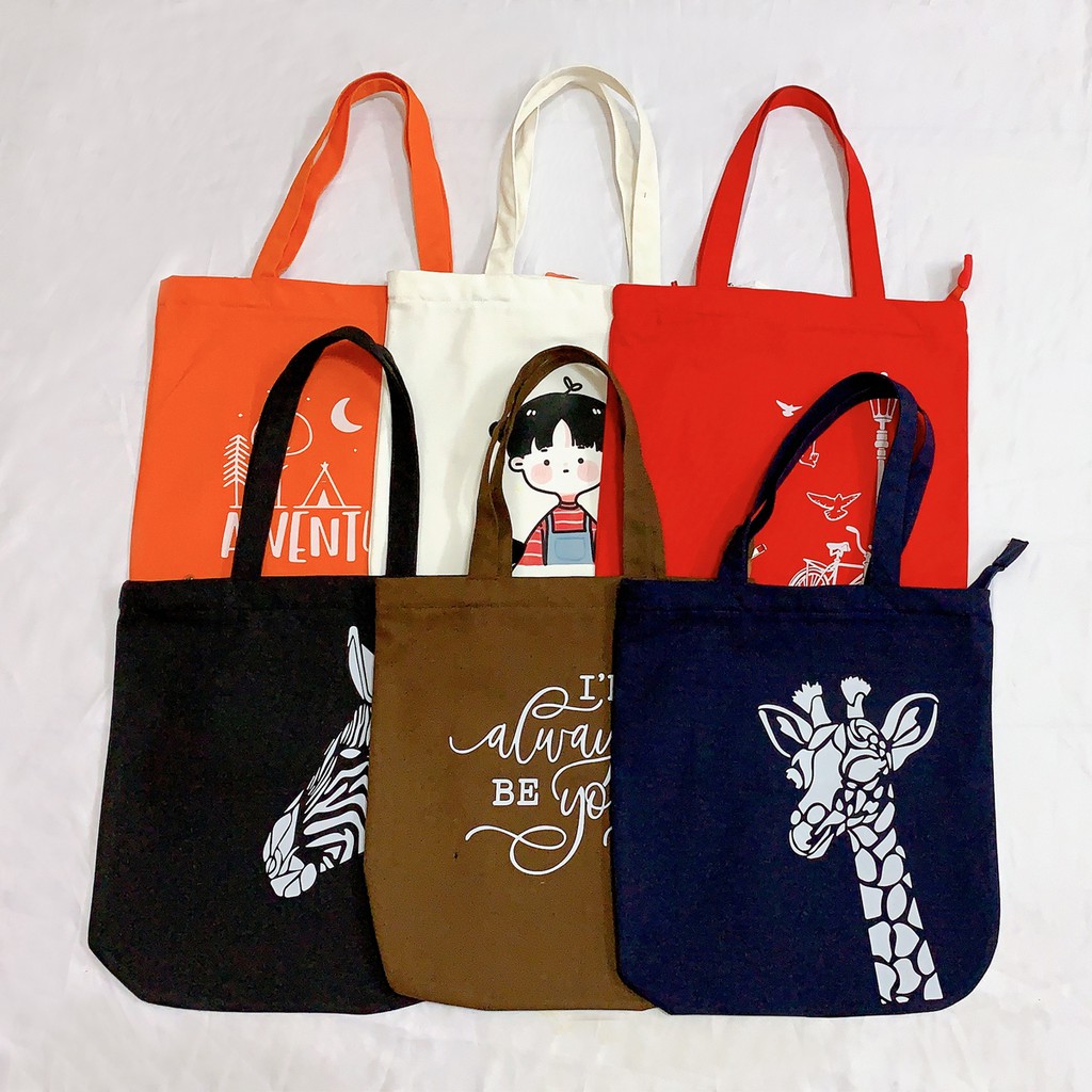 Túi Vải Canvas Tote Cỡ Lớn In Họa Tiết Phối Khóa Kéo Cá Tính Trẻ Trung