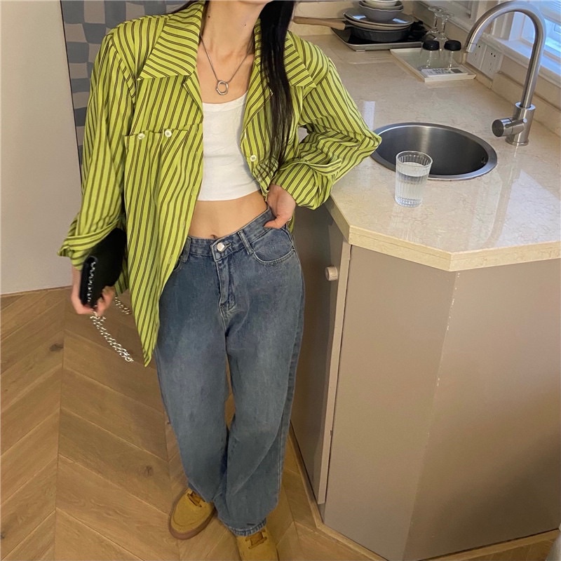 Áo somi màu xanh lá chuối pastel kẻ sọc tay dài dáng thụng oversize hàng cúc chéo phá cách hàn quốc ngầu sơ mi vintage