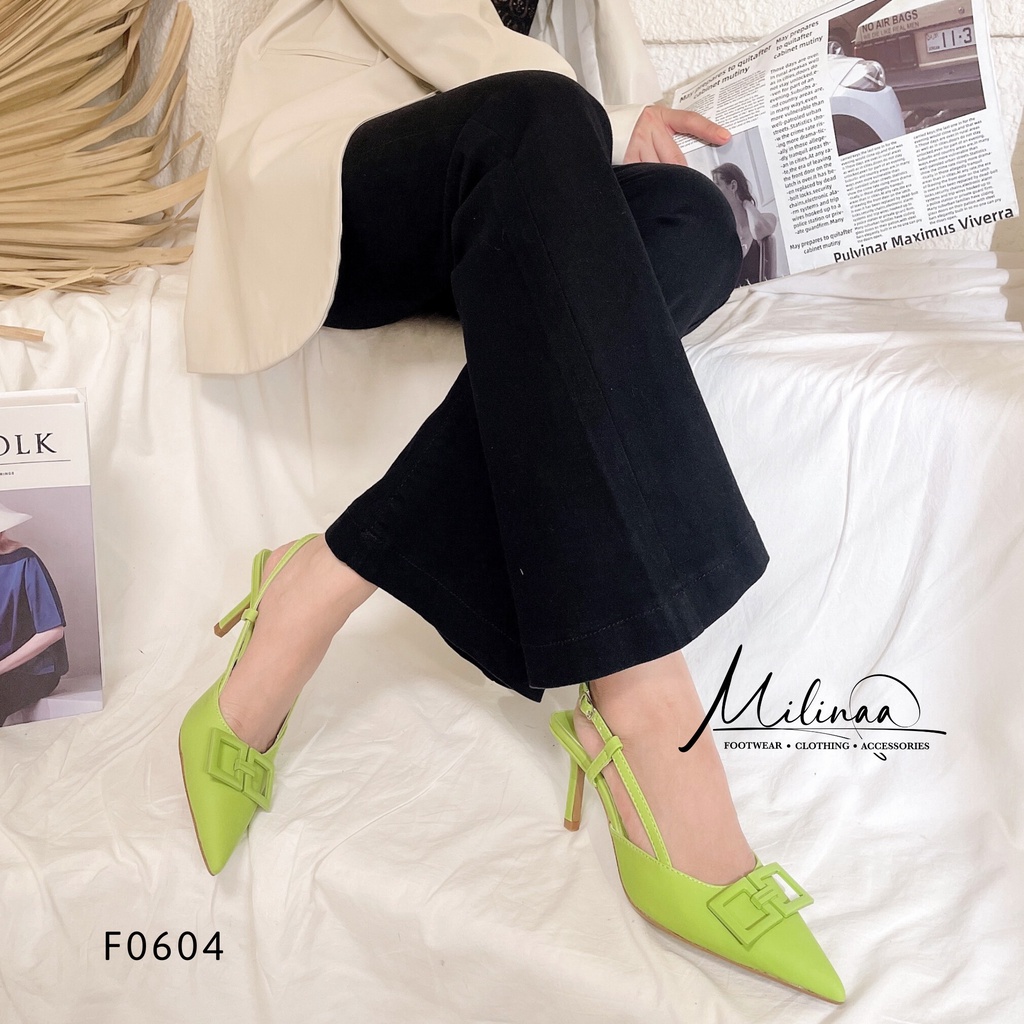GIÀY CAO GÓT NỮ SLINGBACK GÓT NHỌN 7P BÍT MŨI PHỐI KHÓA 2 Ô VUÔNG DA MỀM F0604