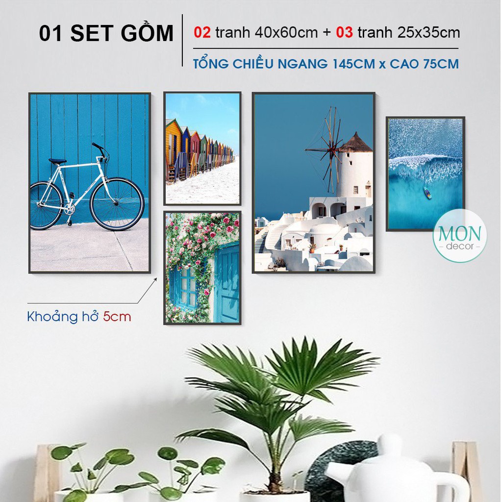 Tranh treo tường, tranh treo phòng khách Mon'decor 5 bức phong cách hiện đại vải canvas loại 1 khung đẹp
