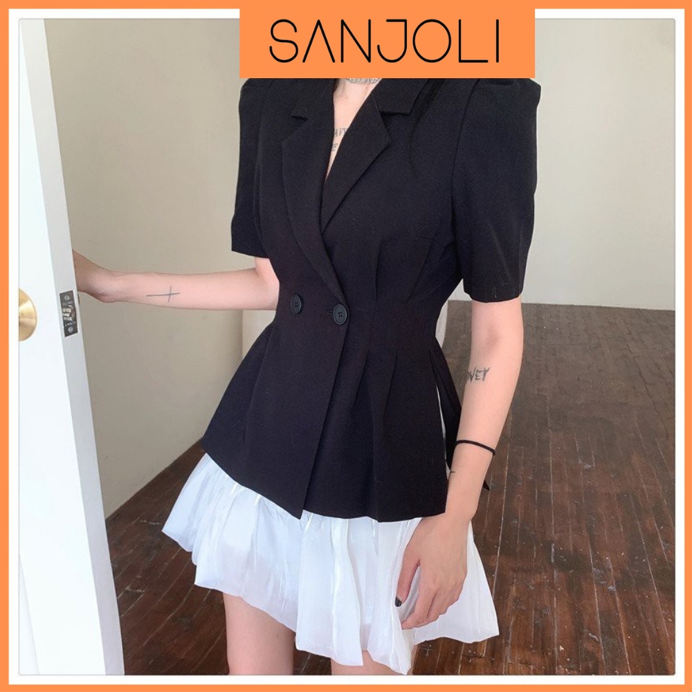 Áo Blazer Kèm Chân Váy Xòe Phồng SANJOLI Set Váy Dự Tiệc Công Sở Cổ Vest Thắt Eo Thiết Kế Thanh Lịch Màu Đen AOE6