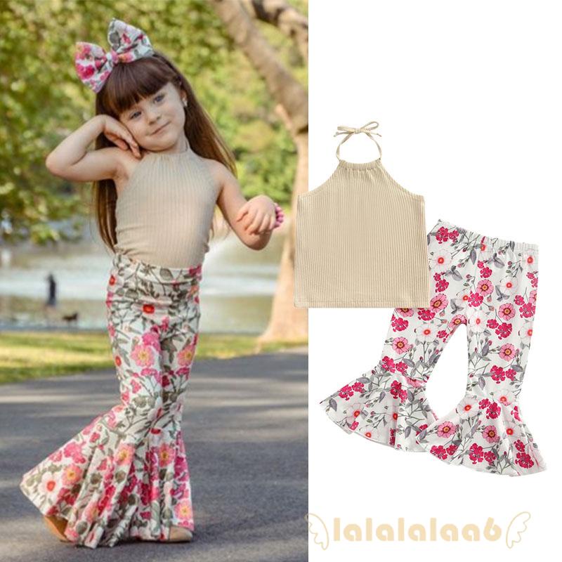Set Đồ Gồm Áo Yếm Sát Nách Cổ Yếm Màu Trơn + Quần Dài Ống Loe In Họa Tiết Hoa Dễ Thương Cho Bé Gái