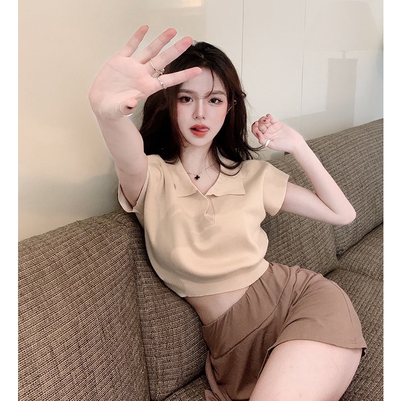 Áo thun QKOOLE thiết kế cổ bẻ phong cách Hàn Quốc thời trang cho nữ