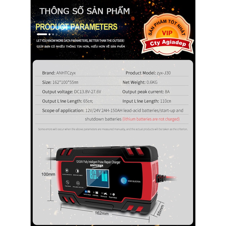 Sạc bình ắc quy ô tô xe máy 12V-24V Gorman tự ngắt khi đầy chức năng bảo dưỡng phục hồi ắc quy bằng khử sunfat