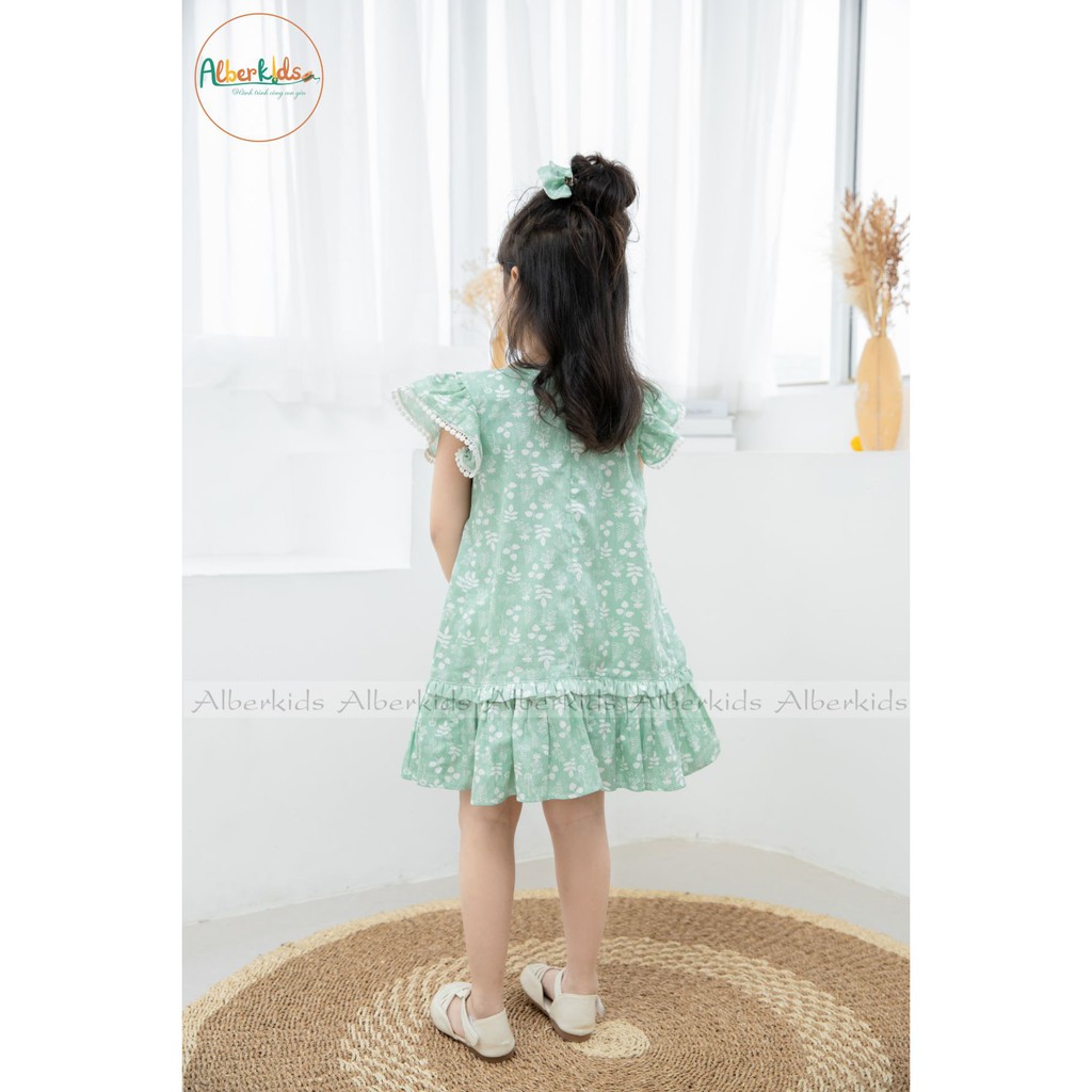 Váy Cho Bé Gái Min Dress Họa Tiết Hoa Chất Liệu Thô Xanh-Xám Cho Bé Từ 2-10T Alber Kids