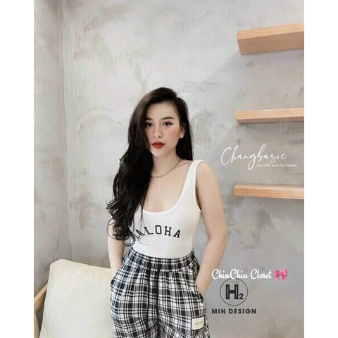 [8.8 Sales Freeship] Set bộ thể thao nữ, áo ba lỗ in chữ aloha  kèm quần dài joker caro ống túm mặc nhà dạo phố cá tính