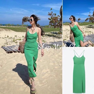 (Sẵn) Váy 2 dây midi xanh lá Zaraaa dư sịn