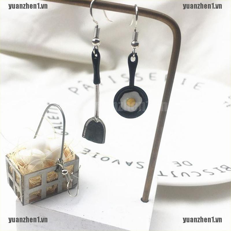 [YUANZHEN1] Khuyên Tai Dáng Dài Không Đối Xứng Hình Chảo Chiên Trứng Chiên Cho Nữ