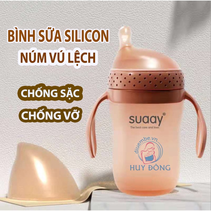 BÌNH SỮA NÚM LỆCH SUAAY SILICON NANO SIÊU MỀM 240ml, KHÁNG KHUẨN, CHỐNG SẶC, CHỐNG ĐẦY HƠI CHO BÉ