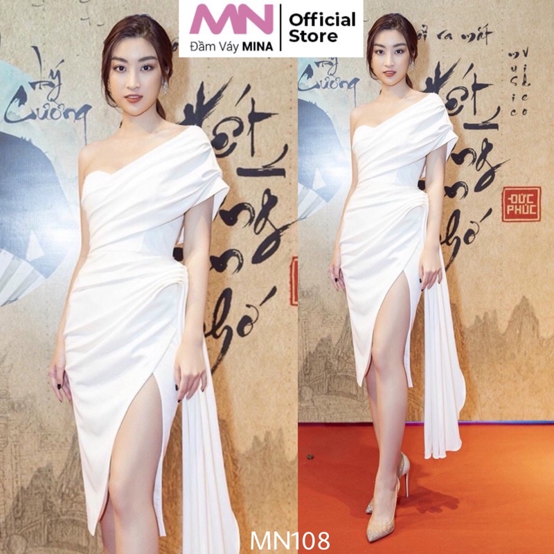 Đầm vạt chéo trắng cúp ngực đắp vai xẻ đùi nhún hông rớt tà dự tiệc (Có đệm ngực) - MN108 - Đầm Váy Mina
