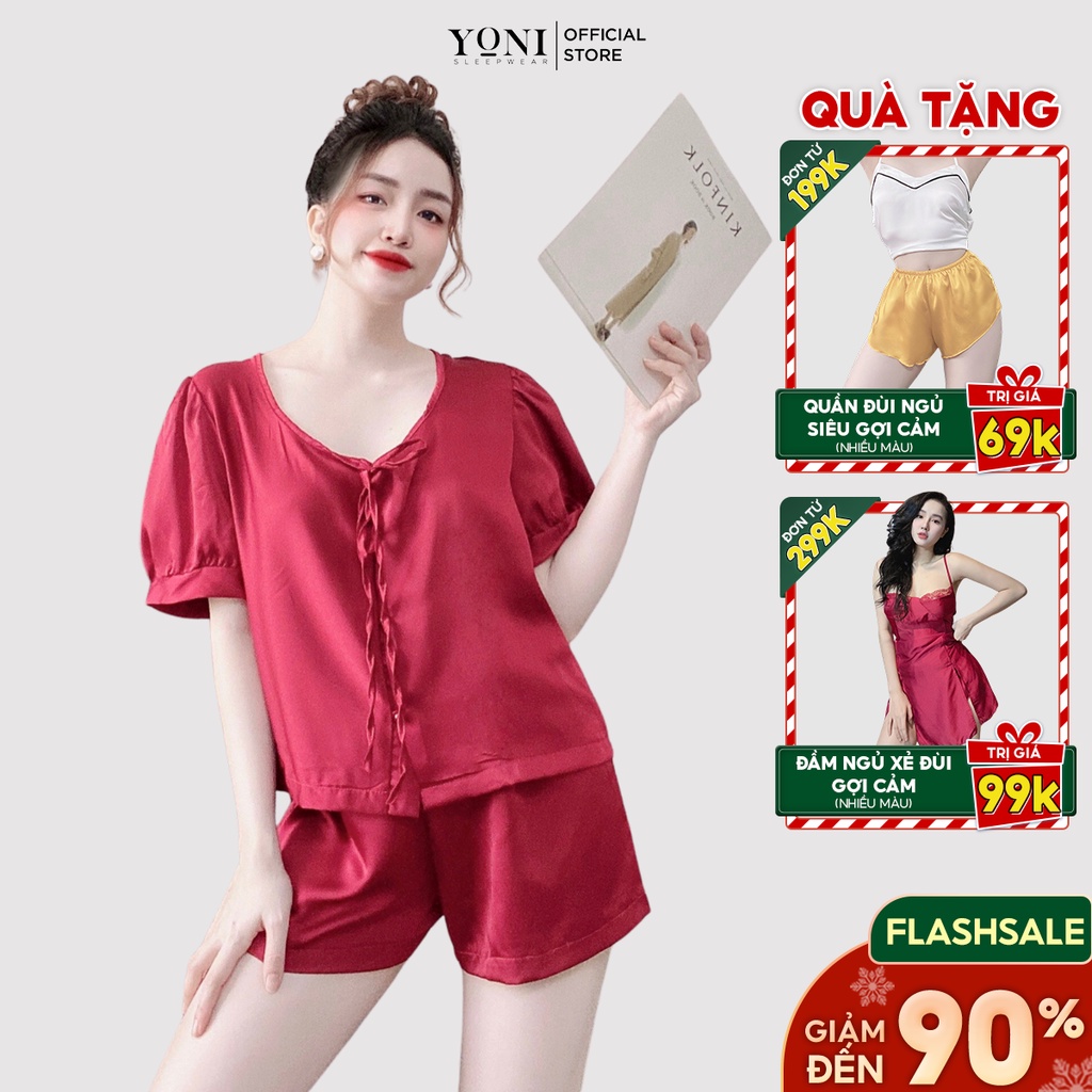Đồ ngủ tiểu thư tay ngắn đính nút ngọc, lụa satin cao cấp mềm mại, freesize 40-60kg tùy chiều cao YONI 037 | BigBuy360 - bigbuy360.vn