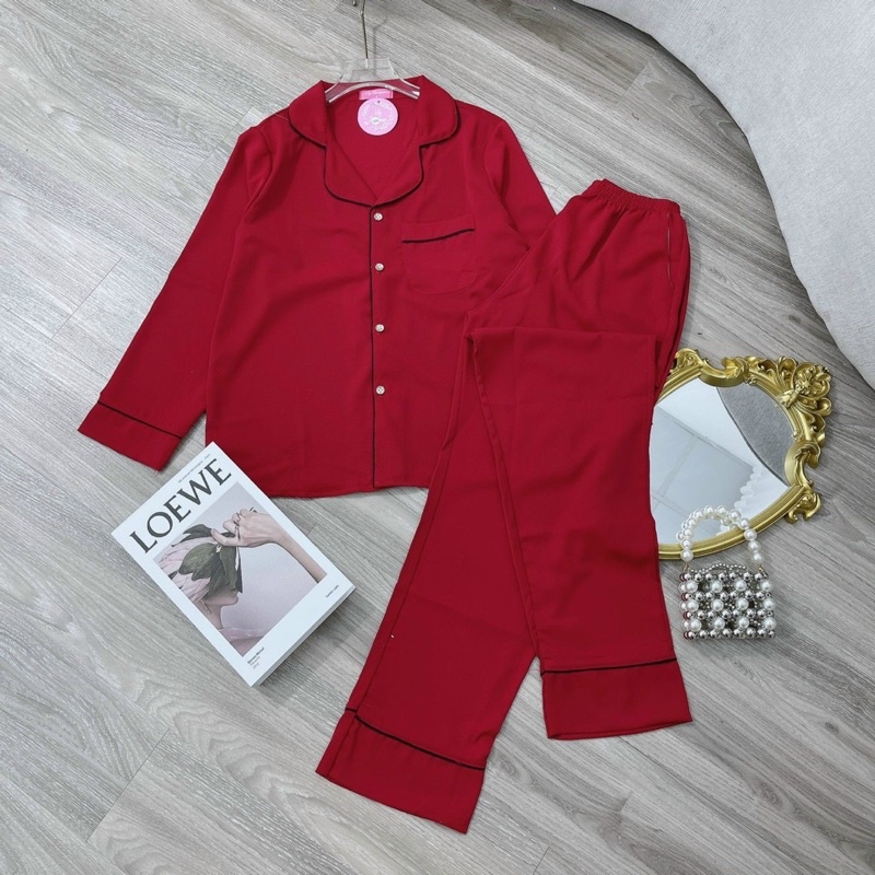 Bộ pijama lụa trơn áo dài quần dài mặc nhà xinh