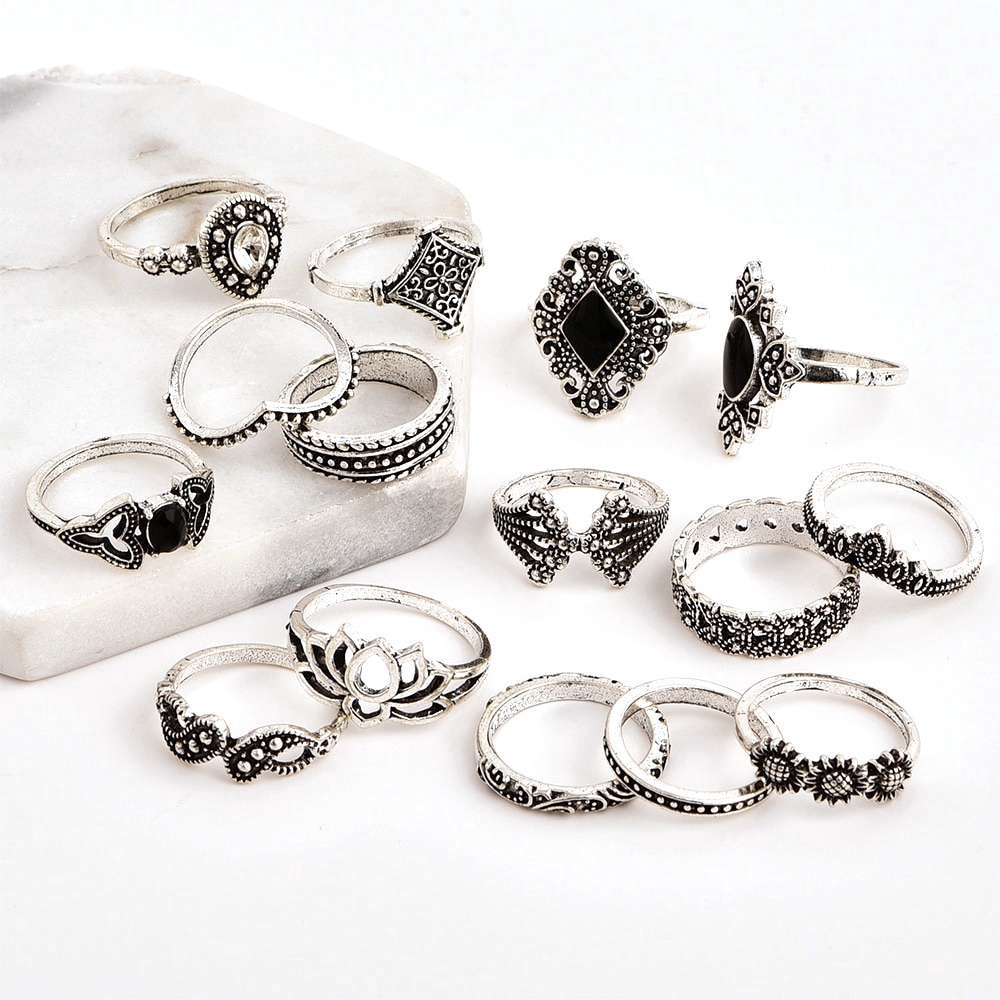 Bộ 15 nhẫn nữ phong cách bohemian cổ điển đính đá bằng bạc chất lượng cao