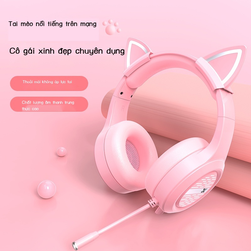❈✕Tai nghe chụp mèo đeo đầu Forerunner có dây màu hồng cô gái dễ thương trò chơi máy tính thể thao điện tử ăn gà hifi ch