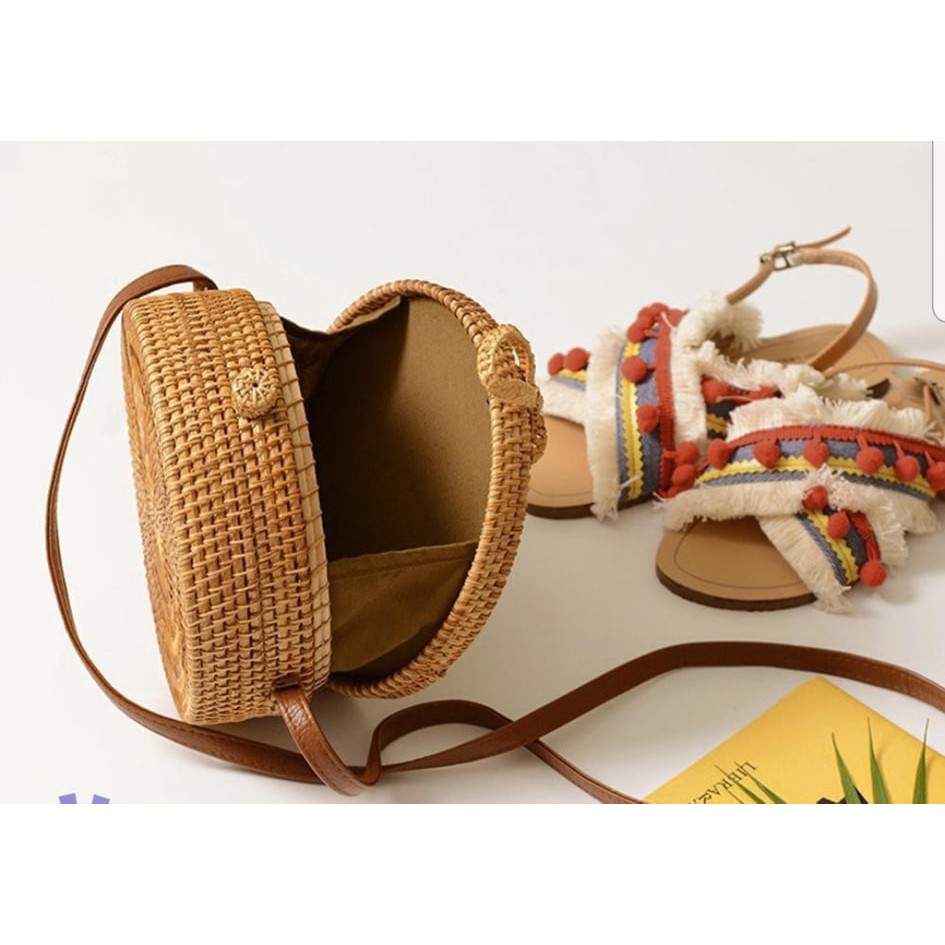 Túi cói tròn họa tiết cổ điển - Hàng y hình