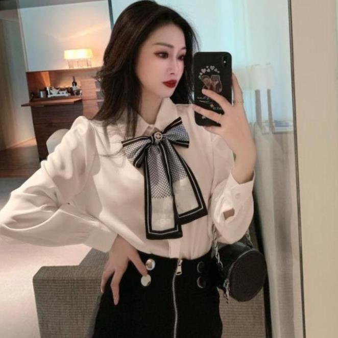 Áo sơ mi nữ form rộng ống tay bo dài cổ phối nơ phong cách thời trang lịch lãm Ulzzang Hàn Quốc