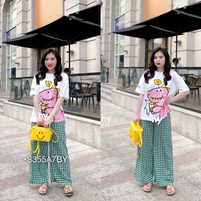 SET BỘ ỐNG RỘNG CARO XANH ÁO THUN KHỦNG LONG