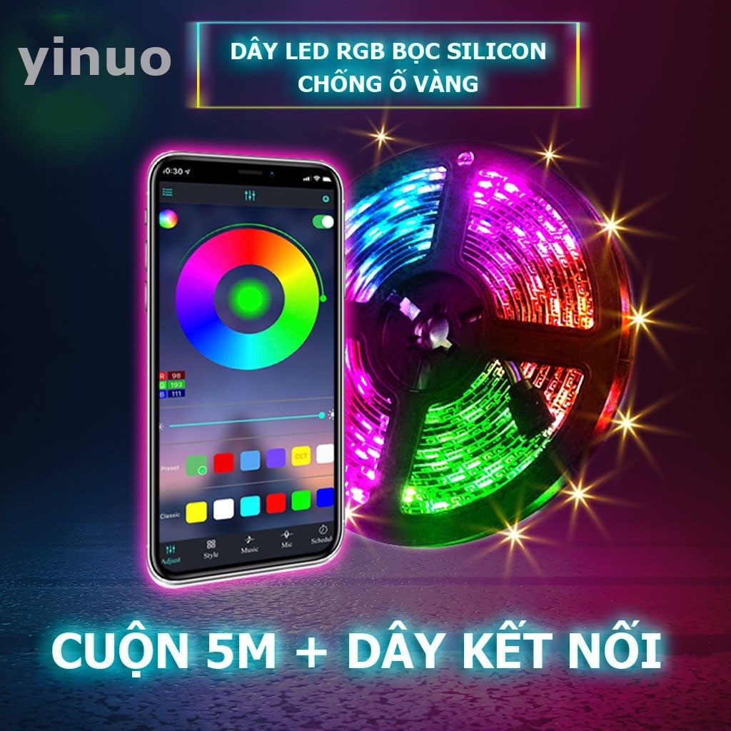 Đèn led RGB 5m nháy theo nhạc 16 triệu màu điều khiển qua app điện thoại chip led siêu sáng 5050 bọc silicon chống nước