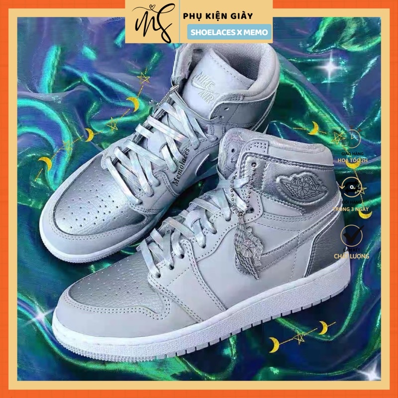 Dây giày da cao cấp dùng cho Nike Air Jordan 1-Dây phản quang Laser Bạc với đầu dây metal