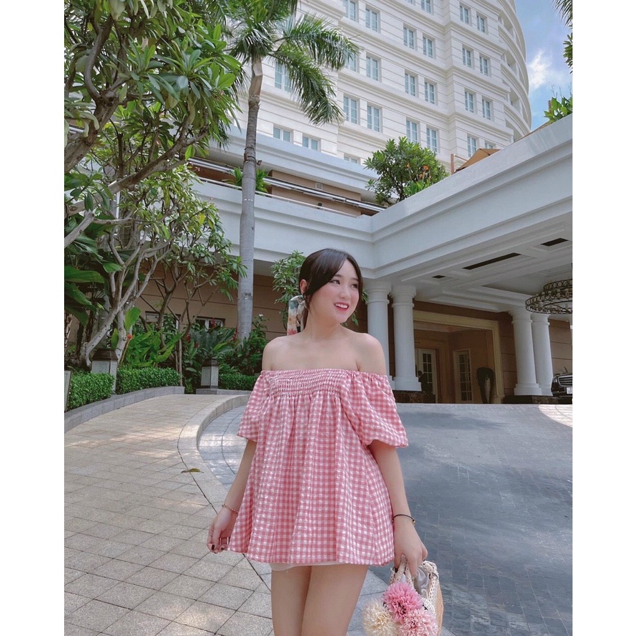 áo carô tay bồng bẹt vai kiểu babydoll nhún ngực đẹp y hình gb079