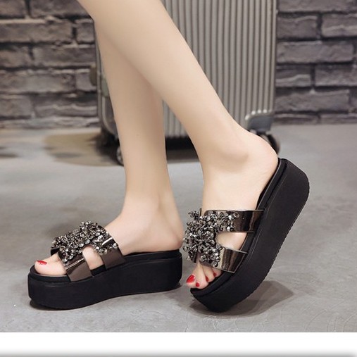 Dép Đế Xuồng Nữ Cao Gót Quai Ngang Chữ H Đính Đá Cườm Cao 6Cm