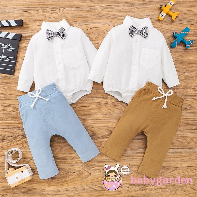 Set Đồ 2 Món Gồm Áo Sơ Mi Tay Dài Cổ Bẻ Màu Trơn Thắt Nơ + Quần Dài Lưng Thun Cho Bé Trai 0-24 Tháng Tuổi