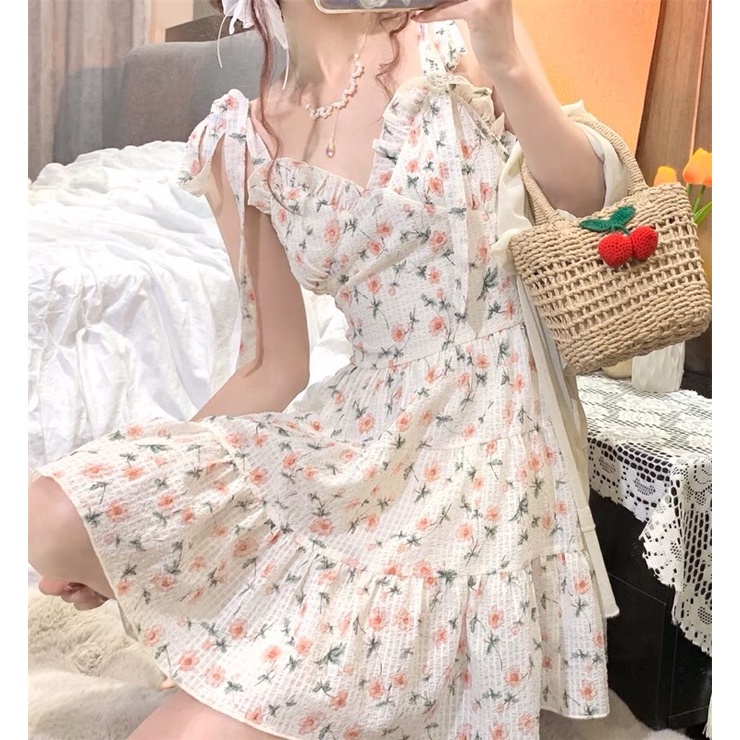 Set Đầm 2 Dây Hoa Nhí Dáng Xoè + Áo Khoác Ngoài Mỏng Viền Bèo | BigBuy360 - bigbuy360.vn